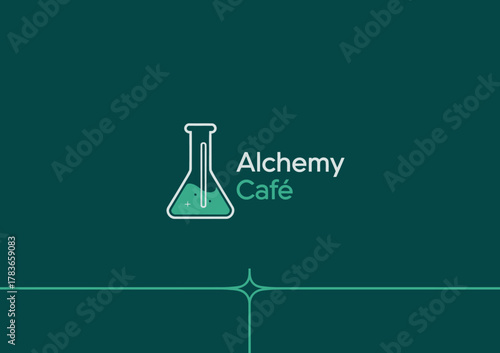 This image features a clean and modern logo design for Alchemy Café, perfectly blending scientific imagery with a touch of creativity and freshness for branding.