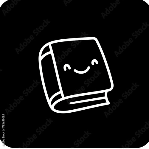 A happy cartoon book icon in black and white silhouette for education and knowledge graphics