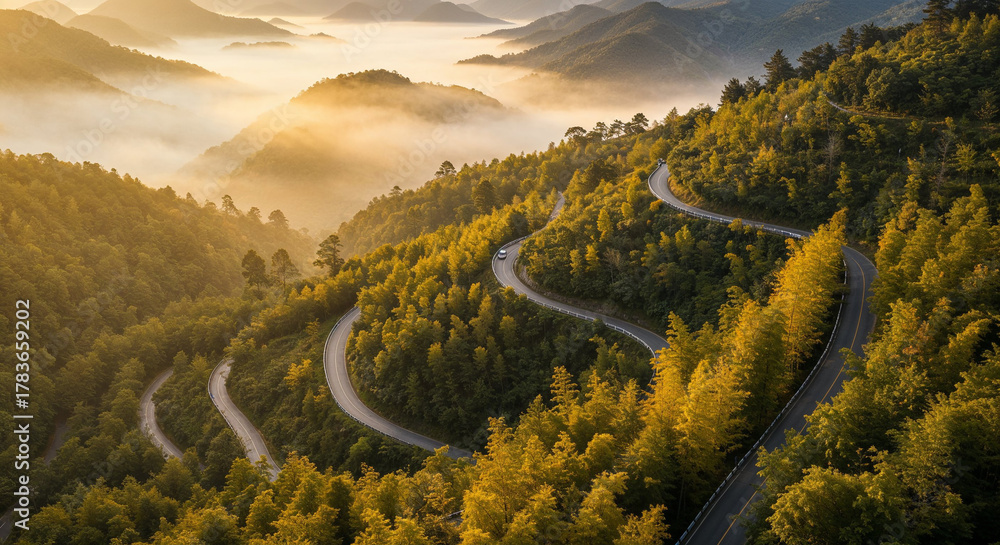 Fototapeta premium Aerial View of Misty Road Through Dense Bamboo Forest
