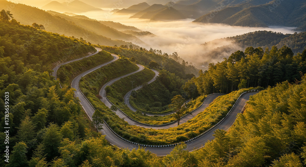 Fototapeta premium Aerial View of Misty Road Through Dense Bamboo Forest