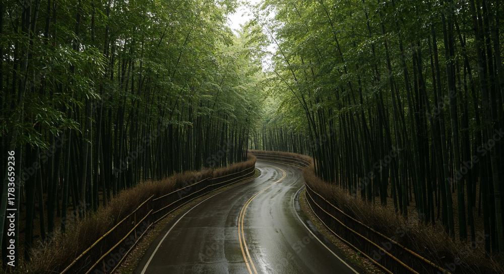 Fototapeta premium Aerial View of Misty Road Through Dense Bamboo Forest