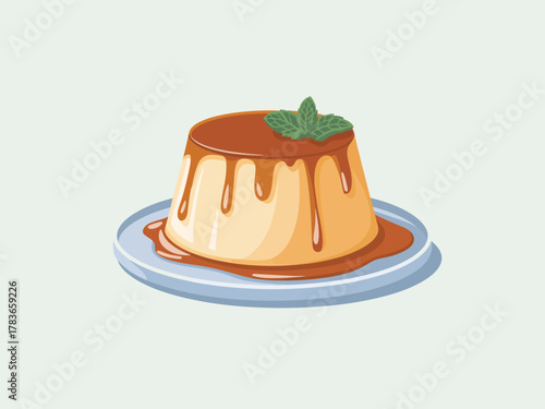 This image presents a delectable flan dessert, drizzled with caramel sauce and garnished with fresh mint leaves, showcasing a delightful culinary masterpiece ideal for foodies.