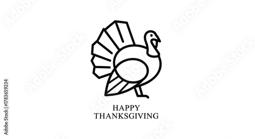 Minimalist black line art illustration of a turkey with its tail feathers fanned out and the text happy thanksgiving below