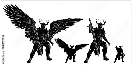 A set of silhouettes of a battle angel in armor with large wings thrusts a long sword into the ground. A fantasy character is a Knight in a helmet with full-length horns without a background.