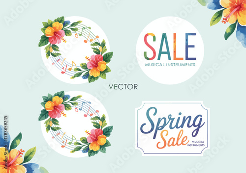 This vibrant image highlights a spring sale promotion for musical instruments, adorned with flowers, music notes, and colorful graphics that capture attention beautifully.