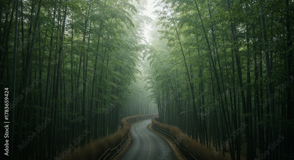 Naklejka premium Aerial View of Misty Road Through Dense Bamboo Forest