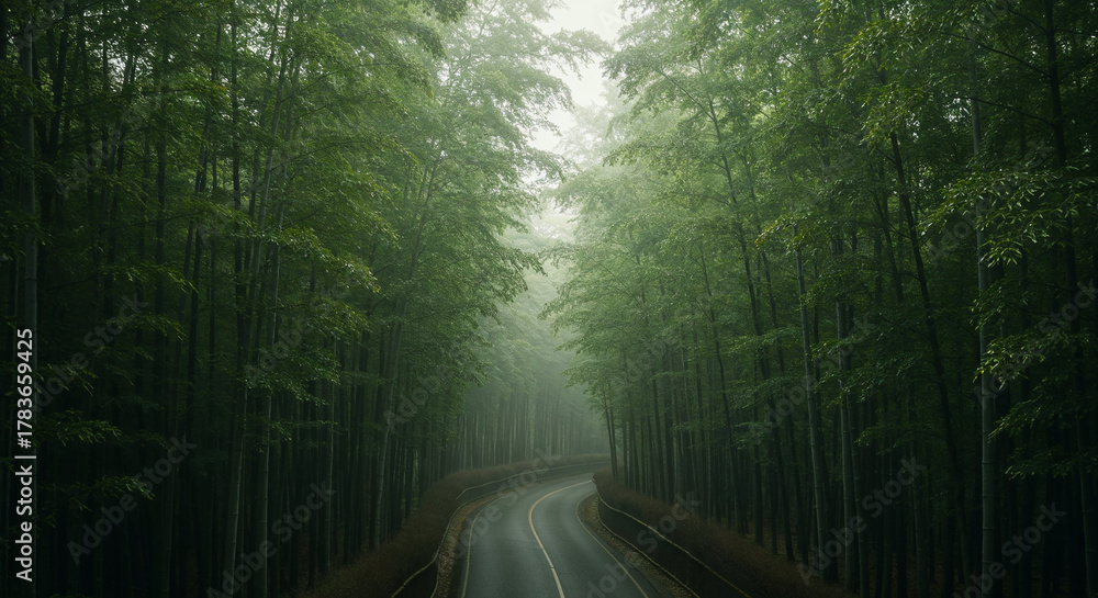 Obraz premium Aerial View of Misty Road Through Dense Bamboo Forest