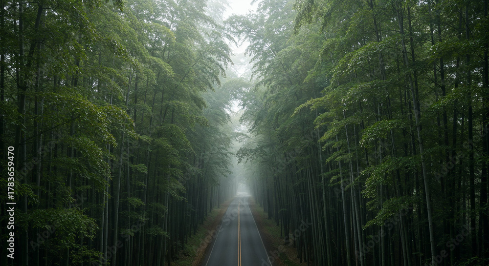 Naklejka premium Aerial View of Misty Road Through Dense Bamboo Forest