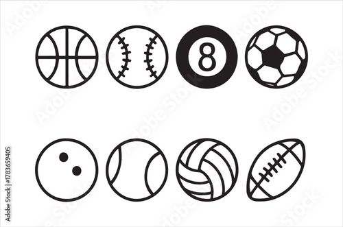 Collection of various sport balls and game equipment in black and white