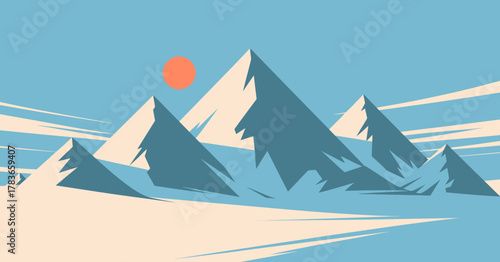 This illustration depicts a captivating mountain landscape with stylized shapes, soft colors, and a glowing sun, evoking feelings of serenity, adventure, and exploration.