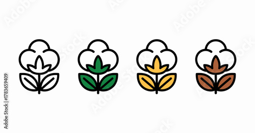 This illustration showcases three cotton flowers in distinct colors, symbolizing sustainability, agriculture, and the beautiful diversity found in nature's own palette.