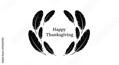 Elegant black feathers forming a circle around happy thanksgiving text on a white background