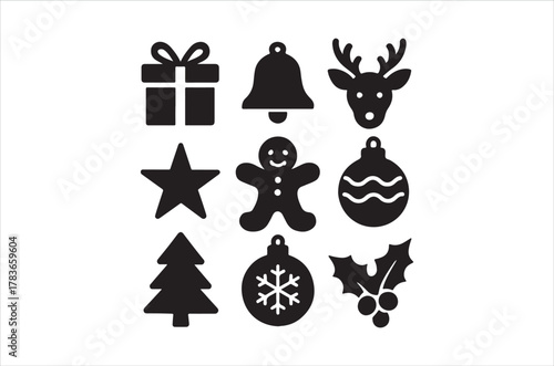 Black silhouettes of festive christmas icons arranged in a grid pattern