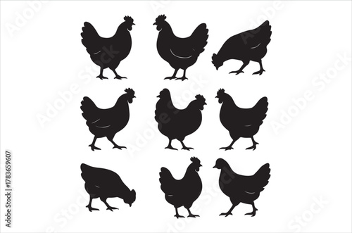 A collection of black silhouette chickens arranged in a grid pattern