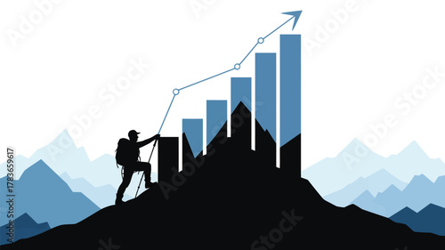 Inspiring mountain climb toward success, peak performance, and upward trending growth charts for business achievement and reaching milestones