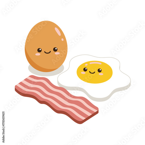 Kawaii Breakfast Characters: Happy Egg, Sunny Side Up, and Bacon Strip Vector Illustration.