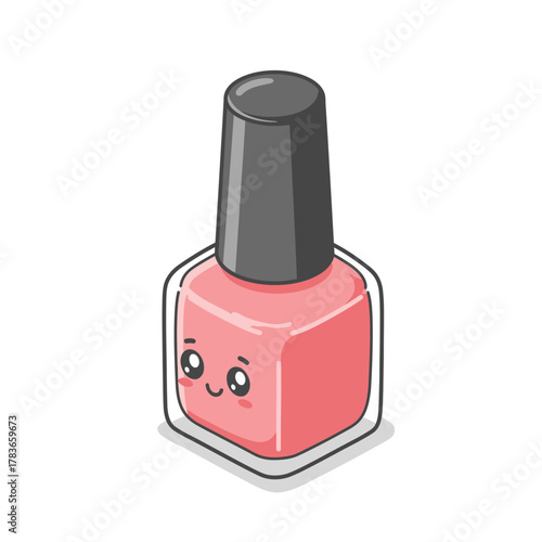Cute Pink Nail Polish Bottle Kawaii Style Illustration on White Background