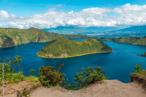 Cuicocha volcanic lake wide angle landscape, Cotacachi Cayapas Ecological Reserve, Otavalo, Ecuador.