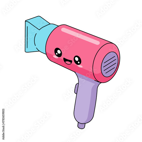 Cute Pink and Blue Kawaii Hair Dryer Cartoon Illustration on White Background