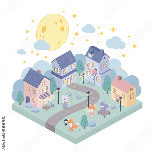 Kawaii Animal Town Night Scene Isometric Illustration under the Large Moon and Stars