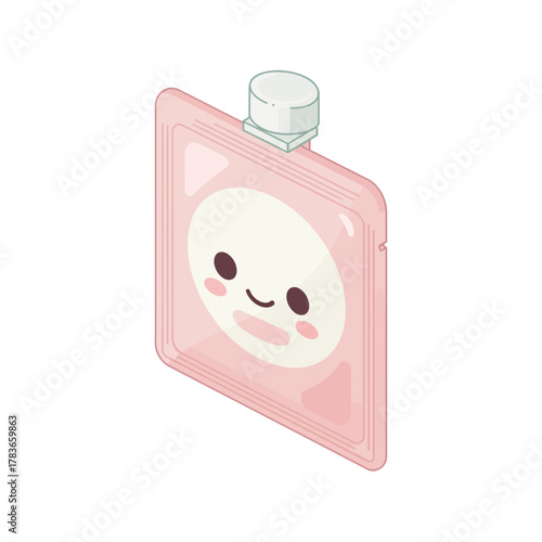 Cute Isometric Pink Pouch with Kawaii Face Illustration and Cap for Cosmetic Skincare Product