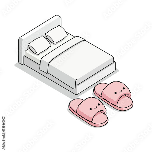 Isometric white bed and cute pink fuzzy slippers illustration.