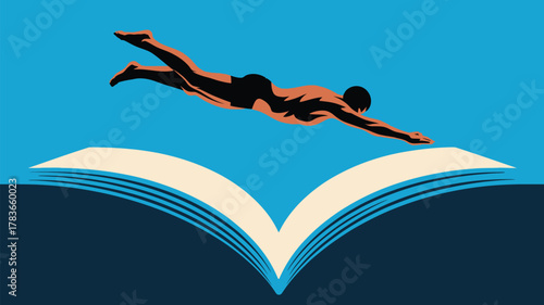 Dive into knowledge with this swimmer soaring over an open book, a symbol of learning, education, and the pursuit of wisdom and personal growth