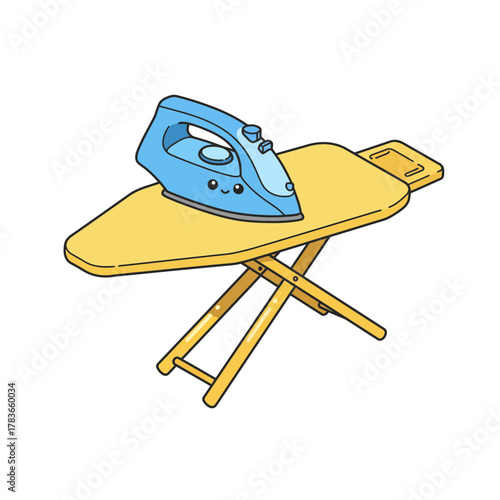 Cute Blue Iron Appliance with Happy Face on a Yellow Ironing Board Vector Illustration