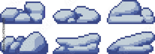 A set of pixel art props of rocks and boulders for populating game locations. Height up to 16 pixels, width up to 32 pixels.