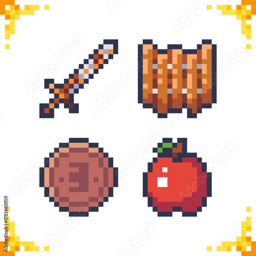 A set of pixel art icons representing the starting inventory of a basic-level character for 2D RPG and adventure games. Includes a rusty sword, wooden shield, bronze coin, and apple. 16x16 pixels