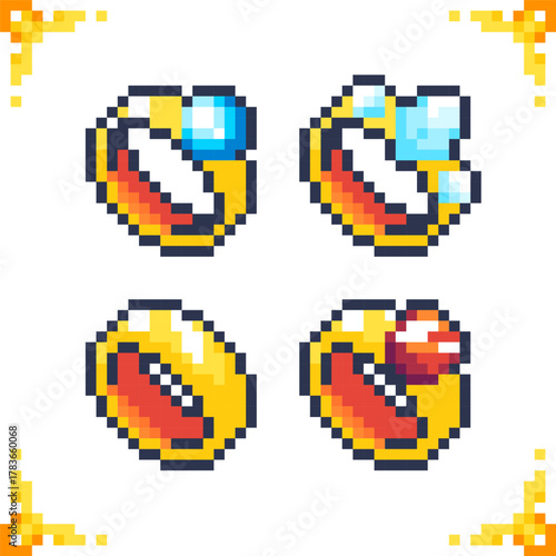 A set of pixel art icons of gold rings with precious stones. 16x16 pixels
