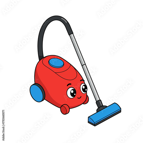 Cute Red Cartoon Canister Vacuum Cleaner Mascot Isolated Illustration