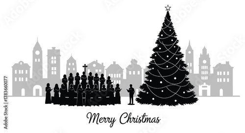 Silhouette of a christmas choir singing carols in front of a decorated tree and city skyline with merry christmas text