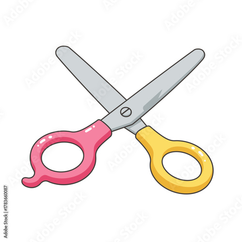 Colorful cartoon scissors isolated on a white background, featuring pink and yellow handles