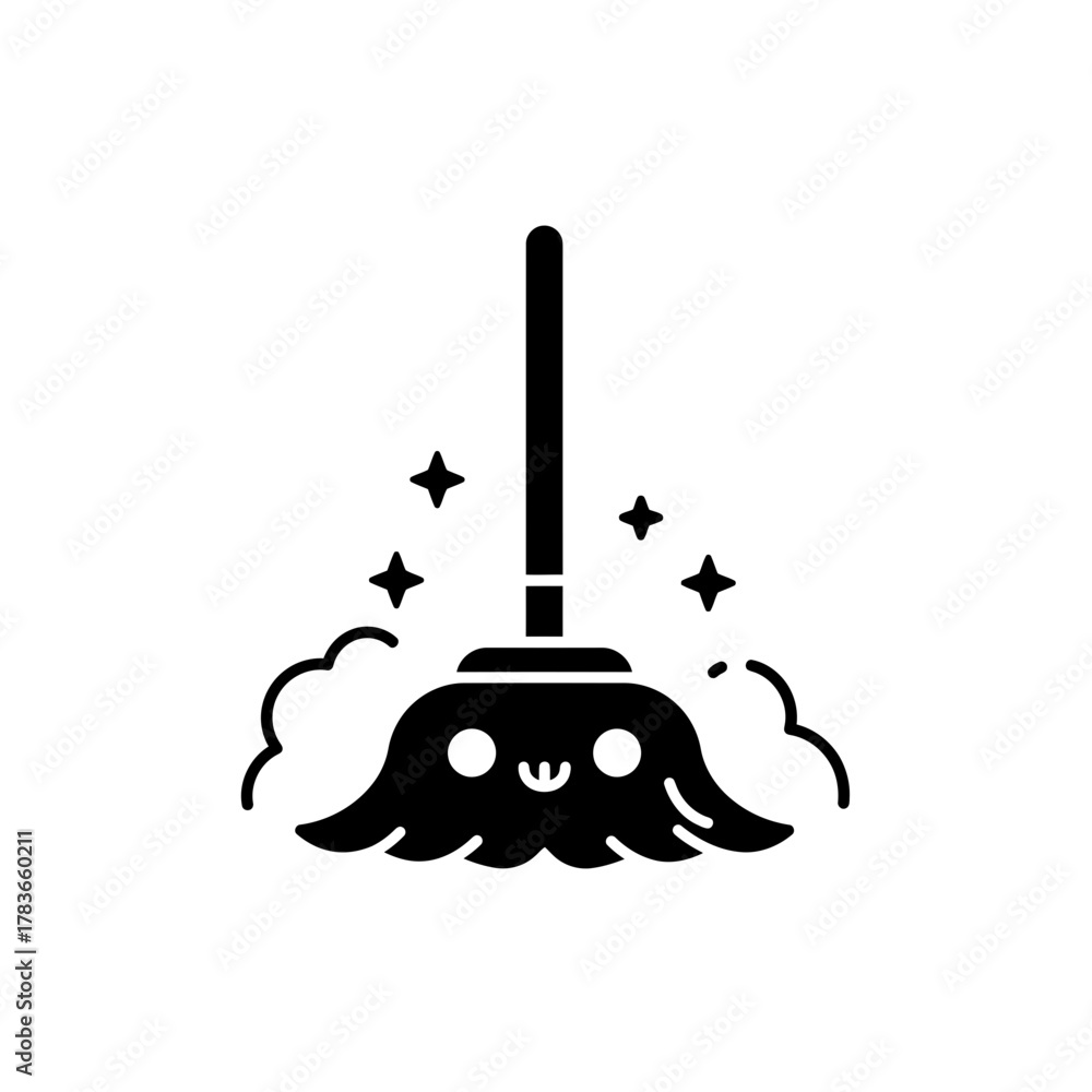 Fototapeta premium Cute Kawaii Smiling Mop or Broom Icon Cleaning with Sparkles and Dust Clouds