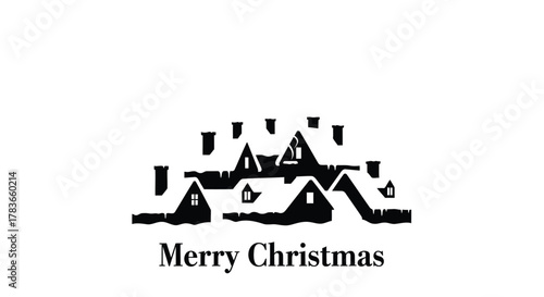Silhouette of snow covered houses with chimneys and windows beneath the words merry christmas on a white background