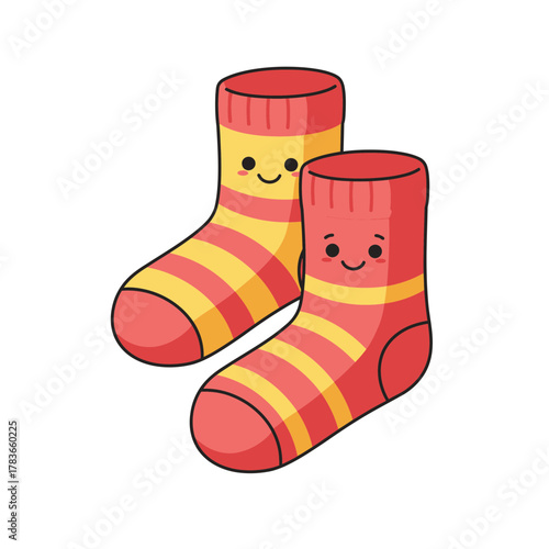 Cute cartoon pair of striped socks with smiling faces illustration on white background.
