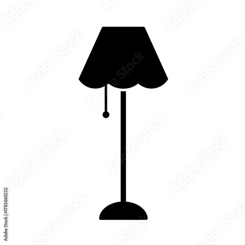 Black Silhouette Icon of a Vintage Floor Lamp with a Scalloped Lampshade and Pull Chain Switch