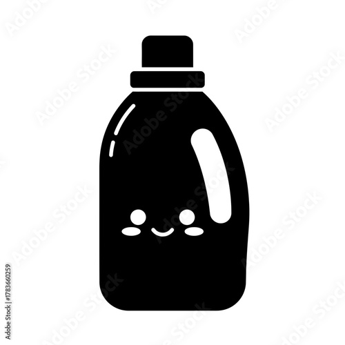 Cute black silhouette icon of a laundry detergent bottle with a happy face.