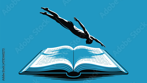 Dive into knowledge with this dynamic concept of a diver plunging into an open book, symbolizing exploration and discovery.