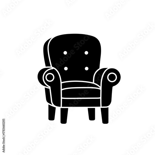 Classic Tufted Armchair Silhouette Icon, Comfortable Upholstered Seating Glyph for Interior Design and Furniture Apps