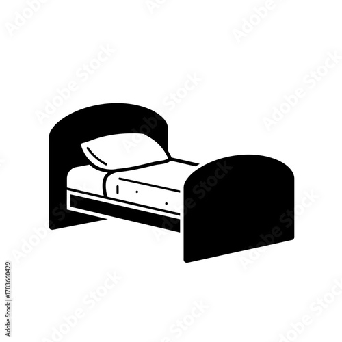Black and white simple glyph icon representing a single bed, complete with mattress and pillow.