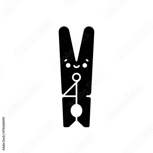Simple black icon of a happy cartoon clothespin, isolated on white.