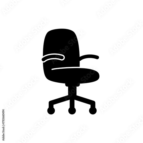 Black Glyph Icon of an Office Swivel Chair with Armrests and Casters