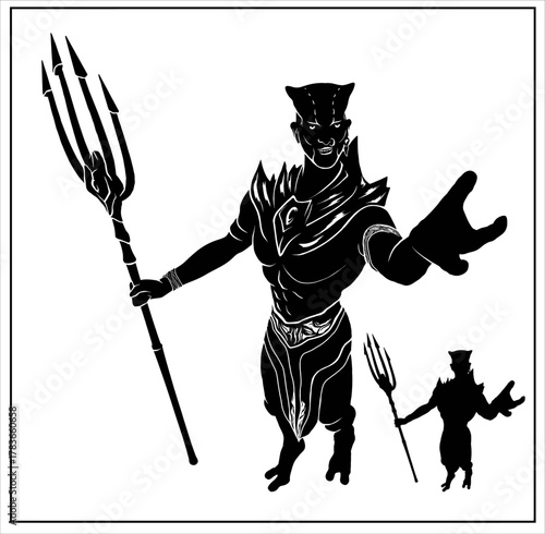 A silhouette of a marine fantasy character with a pitchfork, commanding the ocean in full growth. Underwater magician, lord of the sea in a loincloth with a medallion around his neck and bracelets.