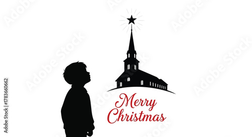 Silhouette of a young boy looking up at a church steeple with a star on top and merry christmas text below