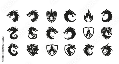 A collection of stylized black dragon head logos and icons, some with shields or flames, on a white background.