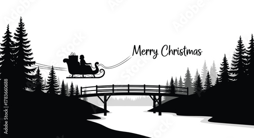 Silhouette of a person in a sleigh with gifts crossing a bridge over a river with pine trees and merry christmas text
