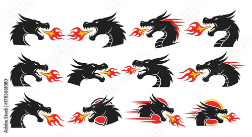 Twelve black dragon heads facing right, breathing fire, depicted in various stylized designs on a white background.