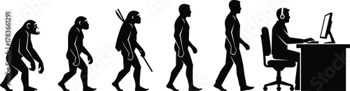 Human evolution, primate to modern man, technology lifestyle, sitting at desk, computer work, digital age, anthropology concept, stylized illustration